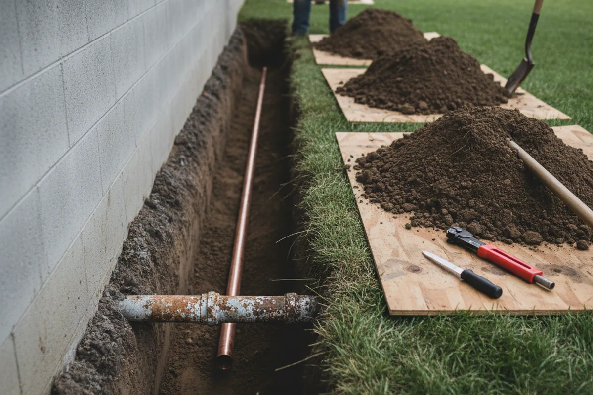 Excavated water line trench during Water Softener Installation in Grand Saline